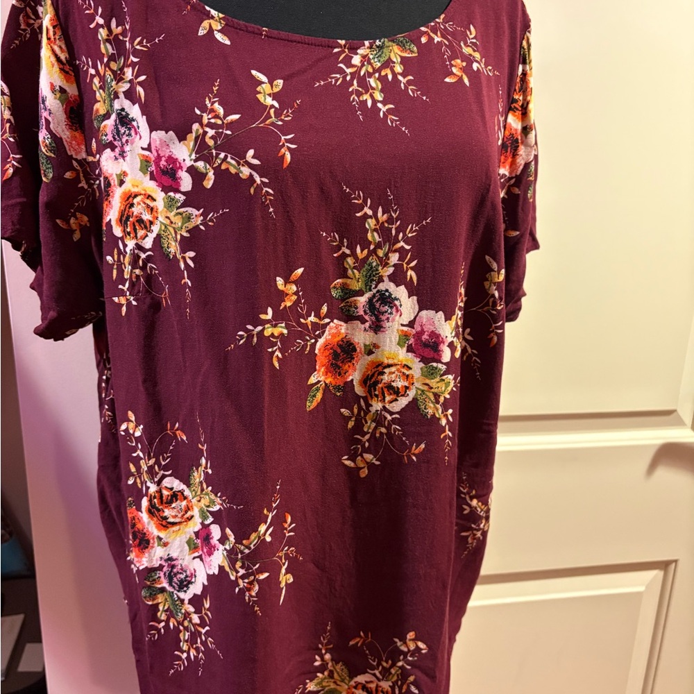 CJ Banks Floral Blouse - Burgundy and Multicolor